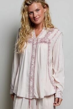 POL Embroidered Yoke Button Front Blouse Blush Pink Size L NWT - Soft Romantic